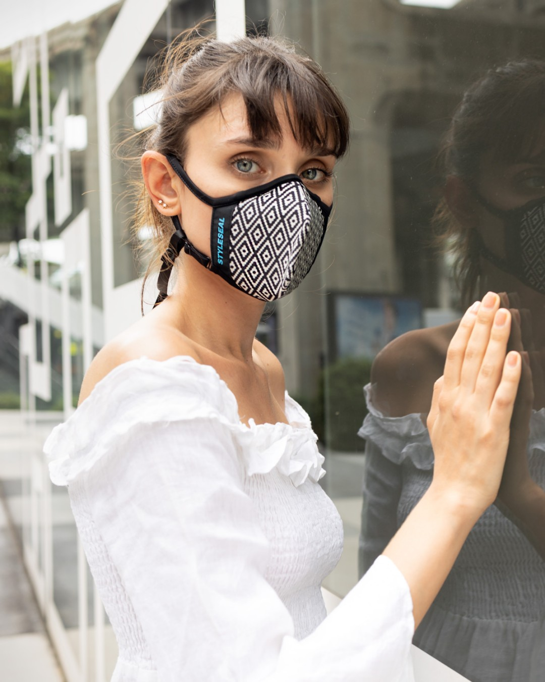 woman wearing cubic style styleseal pro reusable face mask